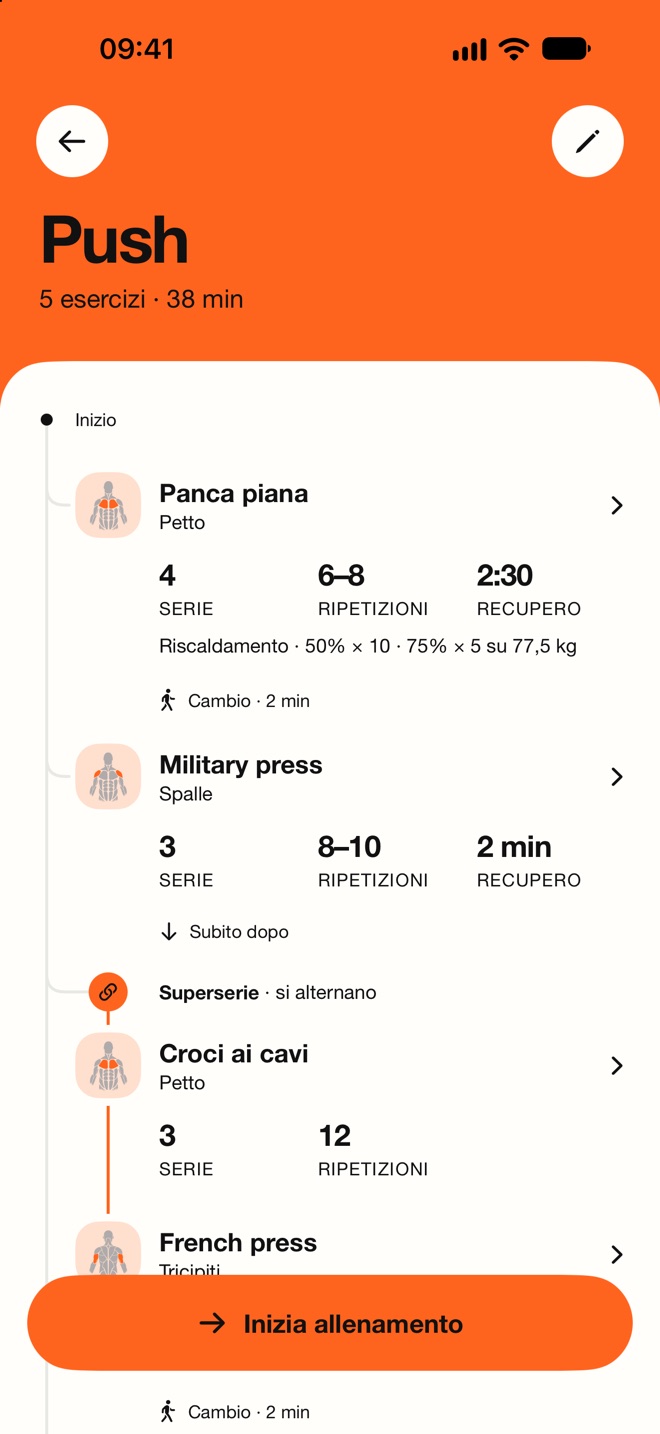 NodLift workout plan screen in Italian: exercises, sets, reps, rest times and supersets