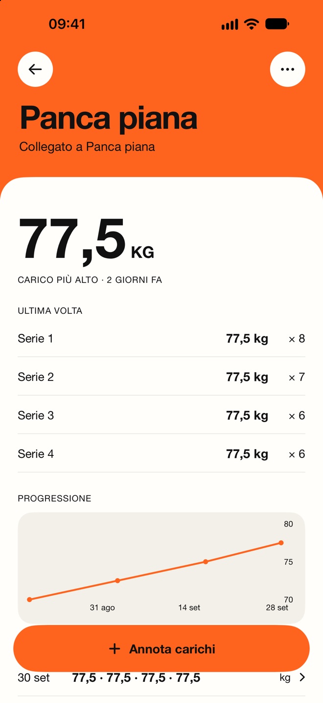 NodLift weight tracking screen in Italian, showing bench press progress